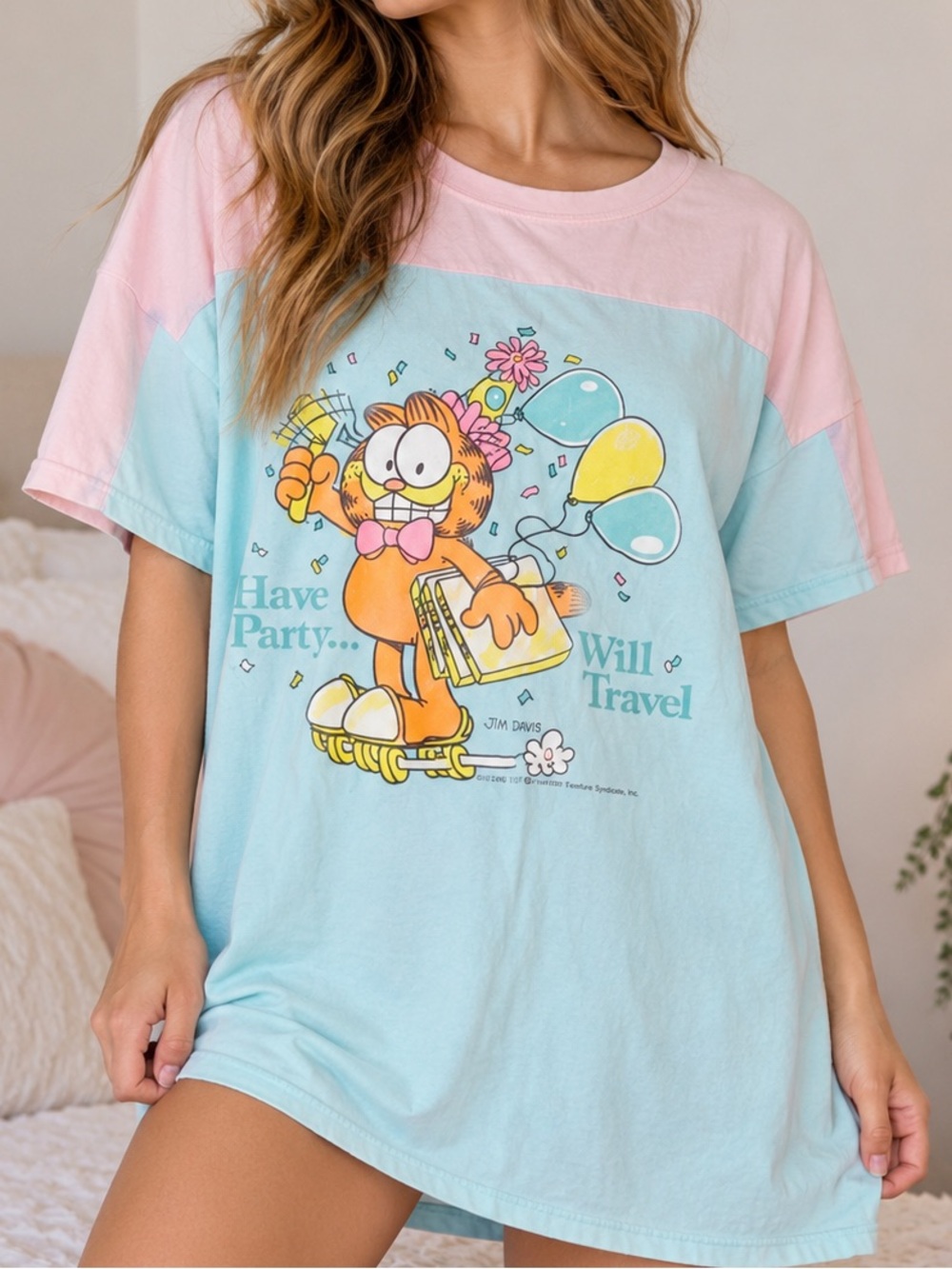 Vtg 80s Garfield Sleep Shirt Jim Davis Pastel Have Party Will Travel Pajamas